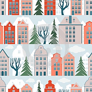 Seamless pattern with european residential houses and streets. Historic architecture.