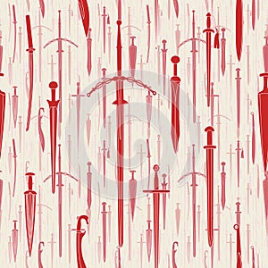 Seamless pattern of evenly spaced, random sized, red on white swords whith brume effect. Vector illustration background.