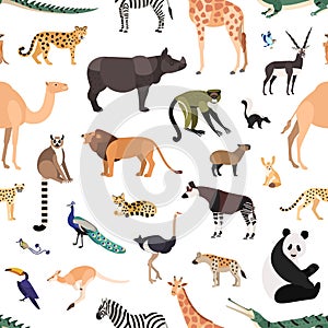 Seamless pattern with exotic animals and birds on white background. Backdrop with wild fauna of African tropical jungle