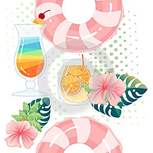Seamless pattern exotic cocktails in transparent glass with tropical flowers vector illustration on white background