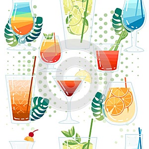 Seamless pattern exotic cocktails in transparent glass vector illustration on white background