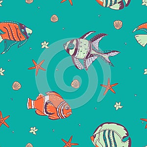 Seamless pattern with exotic fish. Vector illustration