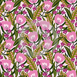 Seamless pattern with exotic flowers and tropical leaves in hand drawn style. Vector fashion repeated design