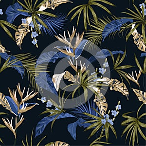 Seamless pattern exotic forest Summer tropical night vector with hawaiian plants ,leaves and flowers design for fashion, fabric,