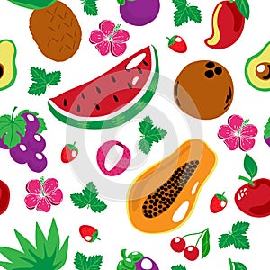 Seamless pattern of exotic fruits and hibiscus flowers, summer vector illustration in cartoon style. Pitaia, coconut photo