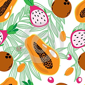 Seamless pattern of exotic fruits and leaves, summer vector illustration in cartoon style. Pitaia, coconut and papaya photo