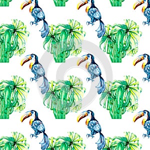 Seamless pattern of exotic leaves and toucan watercolor illustration on white