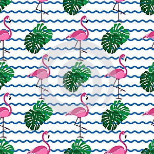 Seamless pattern with exotic pink Flamingo with tropical palm leaves, funny background, vector illustration