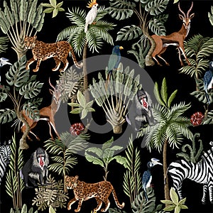 Seamless pattern with exotic trees and animals. Interior vintage wallpaper.