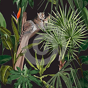 Seamless pattern with exotic trees, plants, flowers and leopard jaguar animals on black background.
