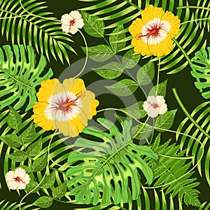 Seamless pattern with exotic tropical leaves and flowers