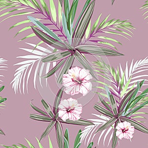 Seamless pattern with exotic tropical palms and hibiscus flowers.