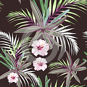 Seamless pattern with exotic tropical palms and hibiscus flowers. Pink tropical plants on the dark background. Vector seamless pat