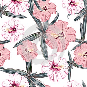 Seamless pattern with exotic tropical palms and hibiscus flowers. White background.