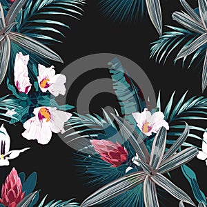 Seamless pattern with exotic tropical plants: protea, hibiscus, orchid.