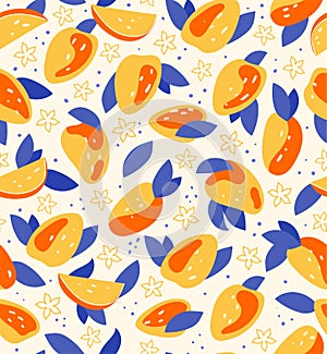 Seamless pattern with exotic whole and sliced mango isolated on beige background. Summer fruits for healthy lifestyle. Organic