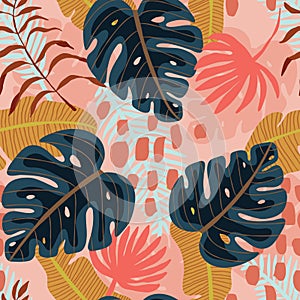 Seamless pattern with exotics tropical leaves on pink coral backdrop