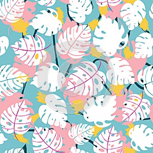Seamless pattern with exotics tropical plants with abstract hand drawn ornament on happy colourful backdrop
