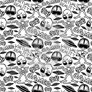 Seamless pattern with extraterrestrial aliens gamers.