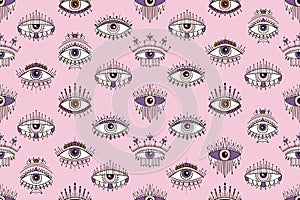 Seamless pattern with eyes magical pattern. Mystical icon hand drawn print. Cartoon style, sign esoteric, inspiration eye