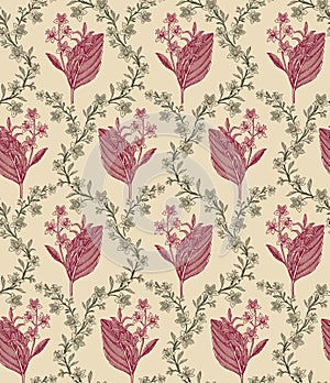 Seamless pattern isolated flowers Vintage background Wallpaper Drawing engraving. Vector illustration
