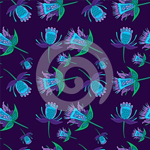 Seamless pattern of fabulous flowers green and purple on a green background.The drawing for printing on fabric, wallpaper, wrappin