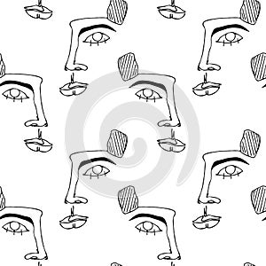 Seamless pattern with faces. Abstract outline silhouette of human face. Modern avant- garde poster.