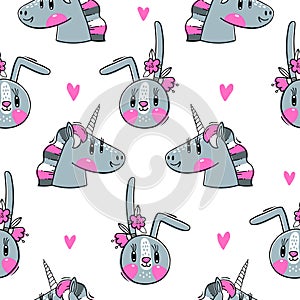 Seamless pattern with faces of bunny and rainbow unicorn. Fashion kawaii animal. Vector illustration