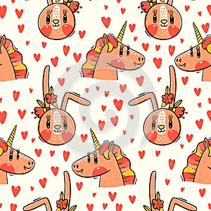 Seamless pattern with faces of bunny and rainbow unicorn. Fashion kawaii animal. Vector illustration