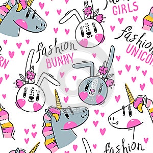 Seamless pattern with faces of bunny and rainbow unicorn. Fashion kawaii animal. Vector illustration