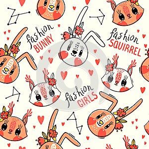 Seamless pattern with faces of bunny and squirrel. Fashion girls. Kawaii animal. Vector illustration