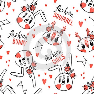 Seamless pattern with faces of bunny and squirrel. Fashion girls. Kawaii animal. Vector illustration