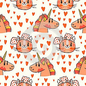 Seamless pattern with faces of cats and rainbow unicorn. Fashion kawaii animal. Vector illustration