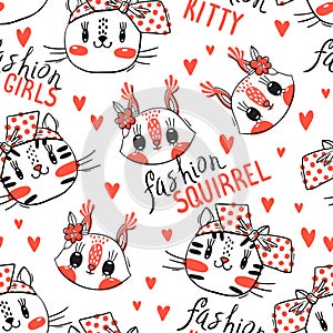 Seamless pattern with faces of cats and squirrel. Fashion girls. Kawaii animal. Vector illustration
