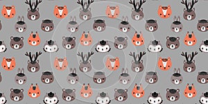 Seamless pattern of faces of forest animals. Muzzles of deer, hares, beavers, owls, bears, foxes, squirrels, hedgehogs. Vector.