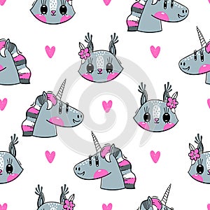 Seamless pattern with faces of squirrel and rainbow unicorn. Fashion kawaii animal. Vector illustration