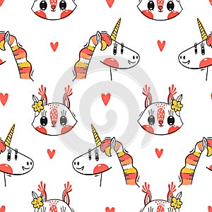 Seamless pattern with faces of squirrel and rainbow unicorn. Fashion kawaii animal. Vector illustration