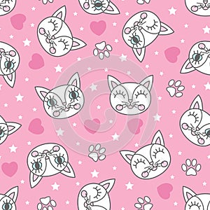 Seamless pattern with the faces of white cats. Vector