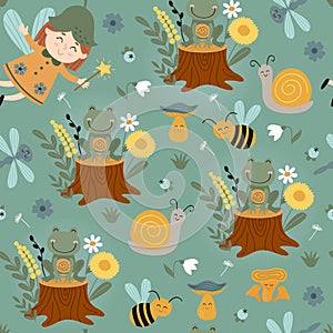 Seamless pattern with fairy, frog, insect