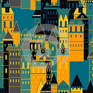 Seamless pattern with fairy medieval castles. Vintage colorful hand drawn vector illustration