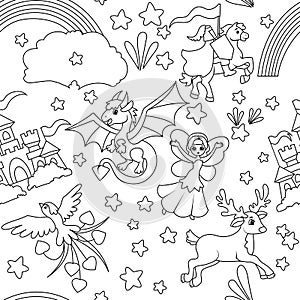 Seamless pattern. Fairy tale characters and natural phenomena. Bed linen and wallpapers for children.