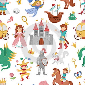 Seamless pattern with fairy tale characters and objects. Repeat background with fantasy princess, king, queen, witch, knight,