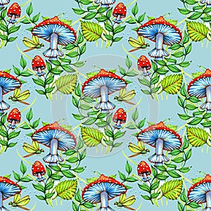 Seamless pattern with fairy tale forest fly agaric, forest plants, mushrooms and dragonfly. Seamless pattern with forest