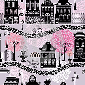 Seamless pattern with fairy tale houses