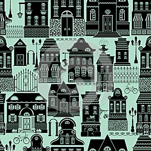 Seamless pattern with fairy tale houses, lanterns, trees.