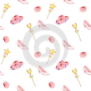 Seamless pattern of fairy tale princess elements magic wand, shoe, flowers