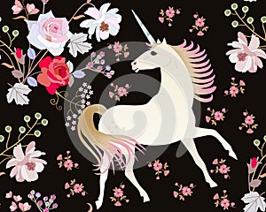 Seamless pattern with fairy unicorn and beautiful garden flowers isolated on black background in vector. Print for fabric