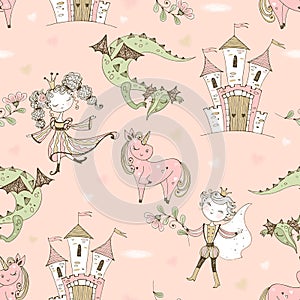 Seamless pattern fairyland with princesses and princes with dragons and castles. Vector