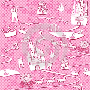 Seamless pattern with fairytale land - castles, la