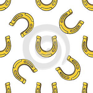 Seamless pattern with falling gold horseshoes